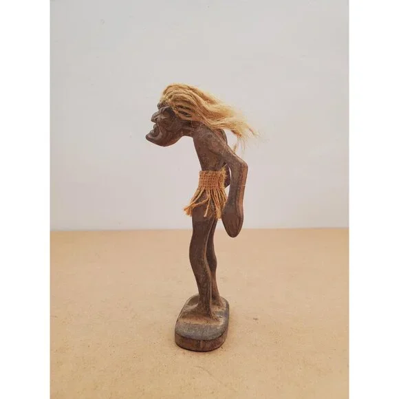 Vintage Hawaiian Carved Wood Tiki Kahuna Tribal , Hemp Rope Hair and Grass Skirt - Picture 5 of 16